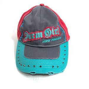 Farm Girl Womens Red Aqua Hat Cap with Rhinestones One Size